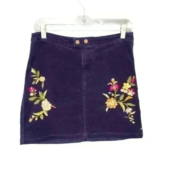Blue Corduroy Boho Embroidered Floral Mini Skirt - Picture 1 of 4